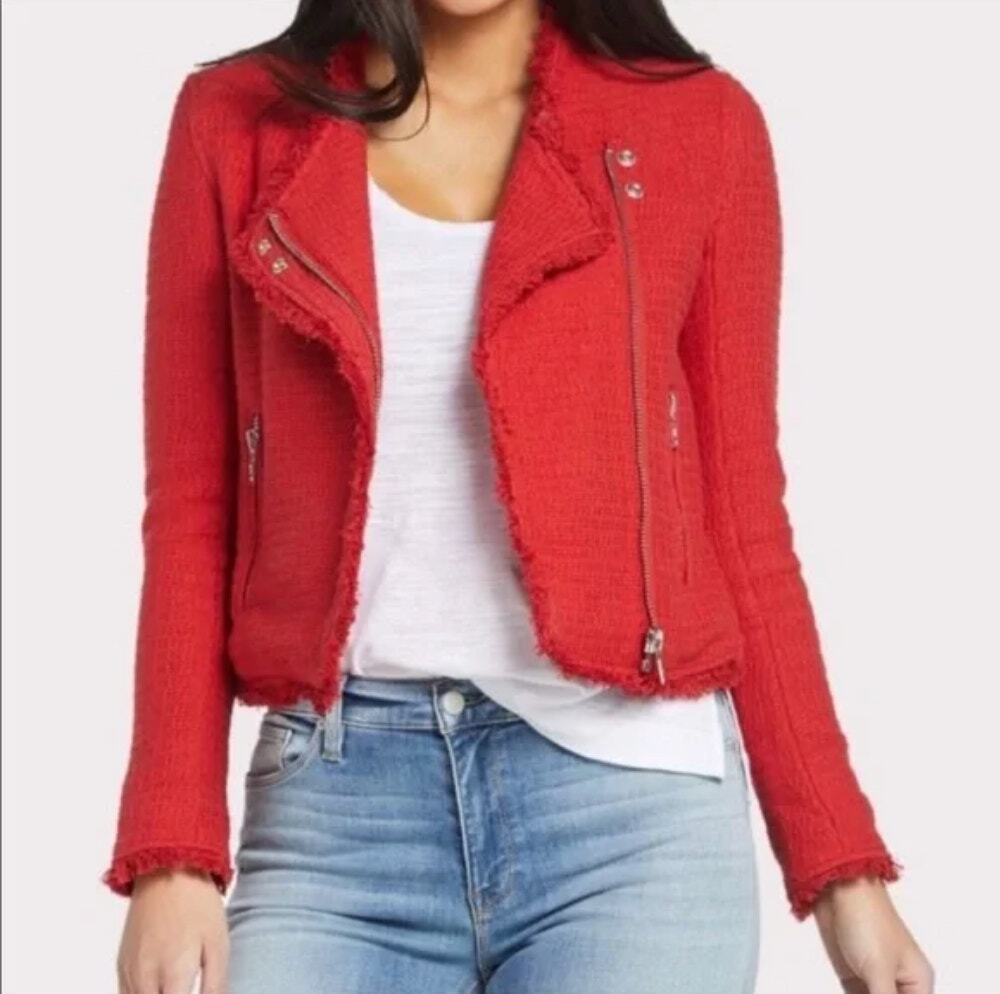 Blank NYC Spring Cotton Tweed Red Asymmetrical Moto Jacket Fringe Trim Large L